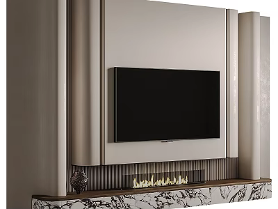 Light Colored Panel TV Wall Design With Black TV And Marble Shelf 3d model