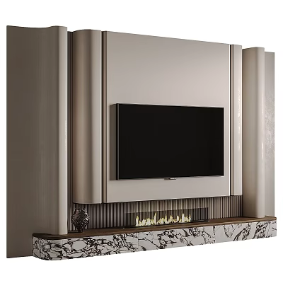 Light Colored Panel TV Wall Design With Black TV And Marble Shelf 3d model