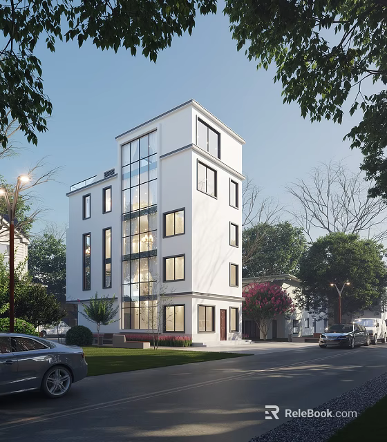 Modern Multi Story Single Family House With White Exterior Large Glass Windows And Green Lawn 3d model 