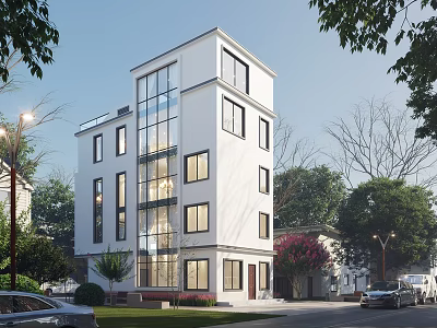 Modern Multi Story Single Family House With White Exterior Large Glass Windows And Green Lawn 3d model