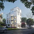 Modern Multi Story Single Family House With White Exterior Large Glass Windows And Green Lawn