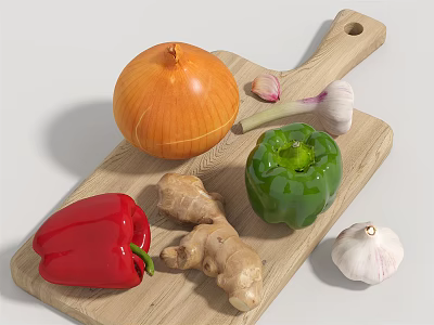 Fresh Vegetables on Wooden Cutting Board with Onion Garlic Red and Green Bell Peppers Ginger 3d model