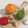 Fresh Vegetables on Wooden Cutting Board with Onion Garlic Red and Green Bell Peppers Ginger