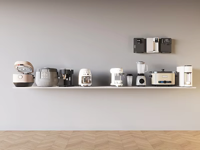 Modern Kitchen Appliances Arranged On Shelf With Gray Wall And Wooden Floor 3d model