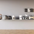 Modern Kitchen Appliances Arranged On Shelf With Gray Wall And Wooden Floor