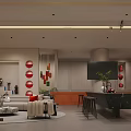 Modern Reception Area Interior With Red Accent Chair Sofa Round Skylight And Light Strips