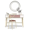 Modern Vanity Table with Round Mirror Brown Cushioned Chair and Decorative Vase