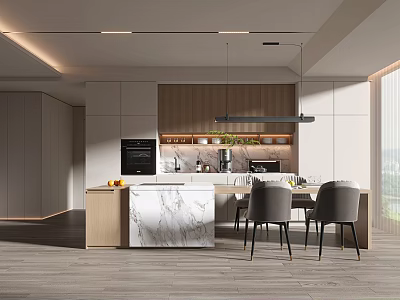 Modern Restaurant Kitchen Interior Design With Marble Island Dining Chairs And Wooden Cabinets 3d model