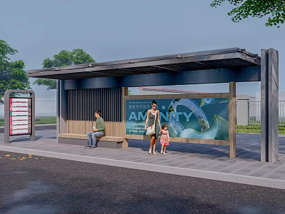 Modern Outdoor Bus Station With Shelter Seats Billboard And People Waiting 3d model