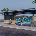 Modern Outdoor Bus Station With Shelter Seats Billboard And People Waiting