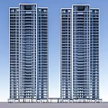 Two Tall Modern Buildings With Glass Curtain Walls And Blue Sky Background