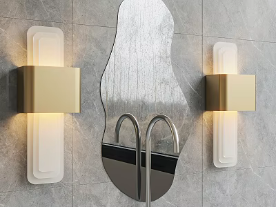 Modern Gold And White Wall Sconces With Sleek Design Mounted On Gray Tile Wall 3d model
