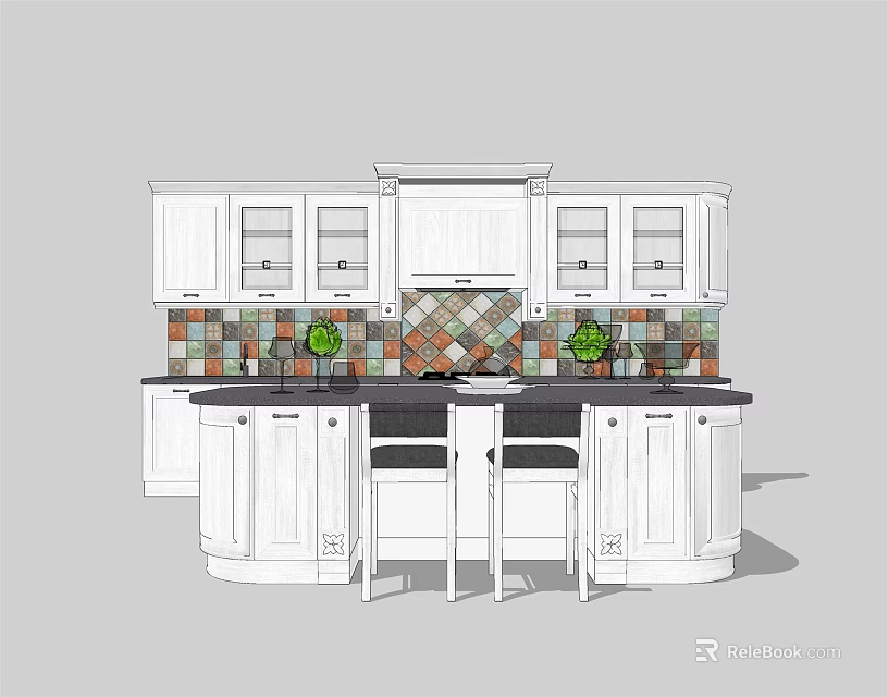 White Kitchen Cabinets With Black Countertop Colorful Tile Backsplash Island And Green Plants 3d model 