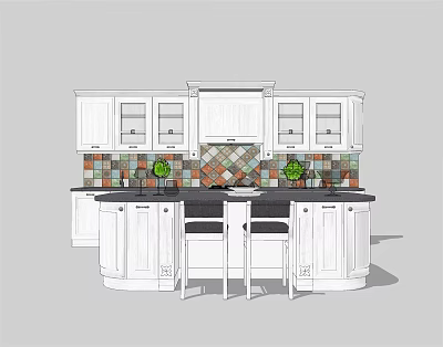 White Kitchen Cabinets With Black Countertop Colorful Tile Backsplash Island And Green Plants 3d model