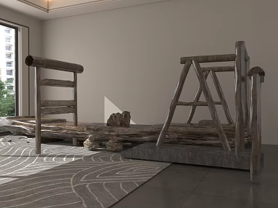 Natural Wooden Study Room Interior With Gray Patterned Rug And Window Light 3d model