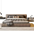 Modern Brown Leather Double Bed With Gray Pillows And Bedside Table 3d model