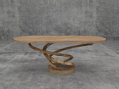 Modern Wooden Oval Table With Spiral Legs Design In Neutral Setting 3d model