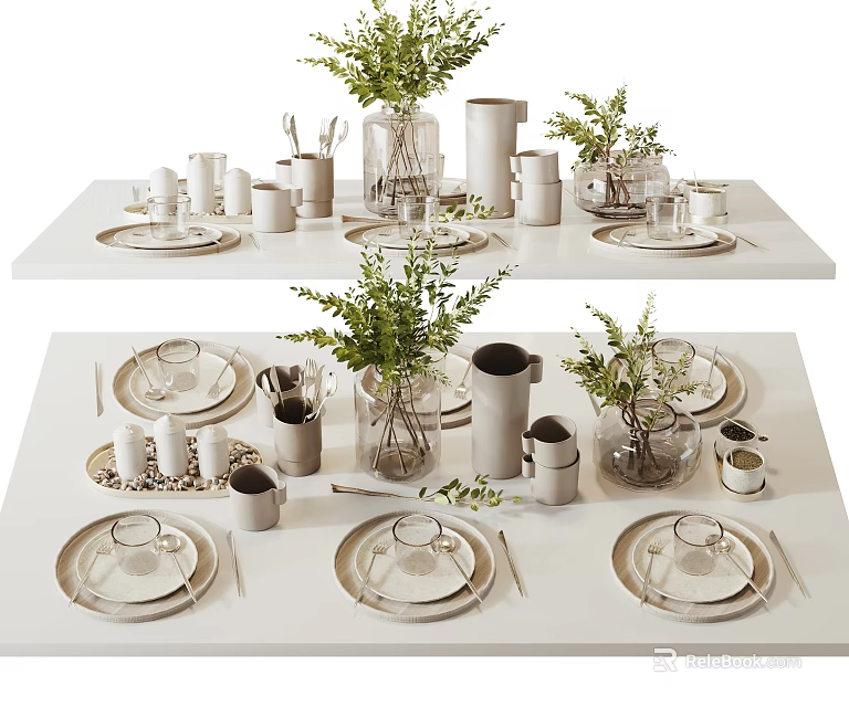 Minimalist White Tableware Set With Plates Cups Vases And Green Plants On Dining Table 3d model 