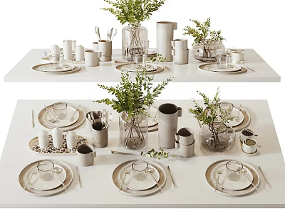 Minimalist White Tableware Set With Plates Cups Vases And Green Plants On Dining Table 3d model