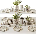 Minimalist White Tableware Set With Plates Cups Vases And Green Plants On Dining Table
