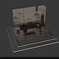 Traditional Chinese Tea Table and Chairs with Mountain Water Painting Background Rug and Bench