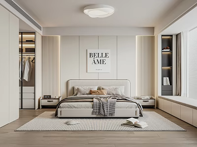 Modern Bedroom Interior Design With Bed Headboard Decorative Art And Built In Wardrobe 3d model