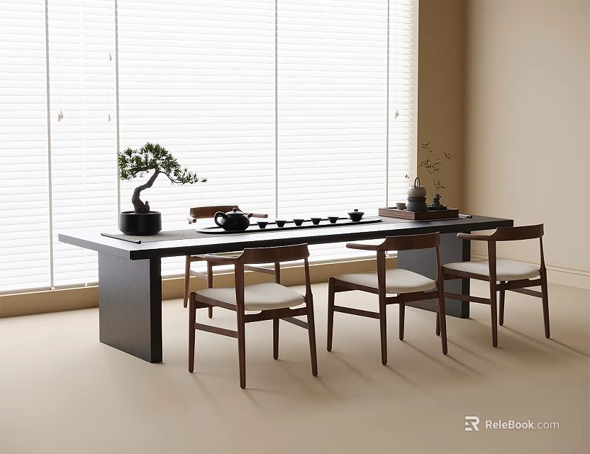 Modern Tea Table with Three Chairs by Window Blinds Featuring Potted Plant and Tea Set 3d model 