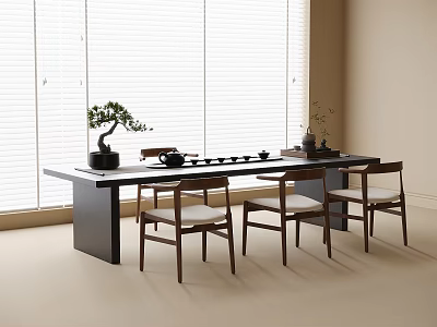 Modern Tea Table with Three Chairs by Window Blinds Featuring Potted Plant and Tea Set 3d model