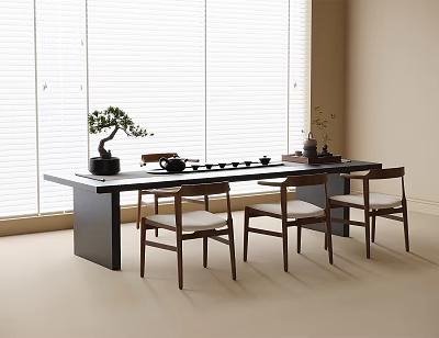 Modern Tea Table with Three Chairs by Window Blinds Featuring Potted Plant and Tea Set 3d model