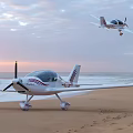 Large Modern Passenger Plane Parked On Sandy Beach During Sunset With Other Aircraft Nearby