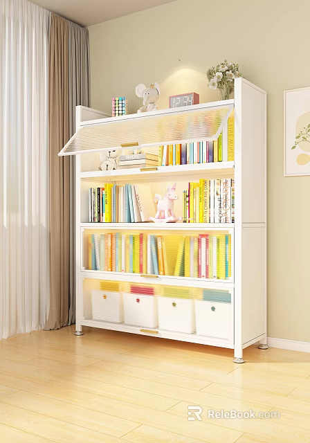 White Multi Tiered Bookcase With Colorful Books Decorative Items And Storage Boxes 3d model 