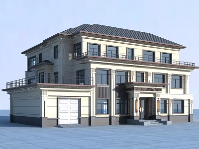 Two Story Detached Villa With Beige Exterior Black Roof Balcony And Garage Door 3d model