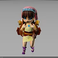 Cute Animated Girl Figure With Pink Headscarf Blue Trim Red Backpack Yellow Dress Purple Shoes