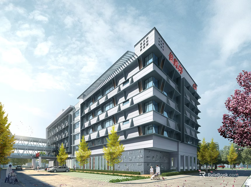Modern Multi Story Office Building Exterior With Glass Windows And Green Trees 3d model 