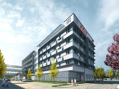 Modern Multi Story Office Building Exterior With Glass Windows And Green Trees 3d model
