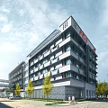 Modern Multi Story Office Building Exterior With Glass Windows And Green Trees