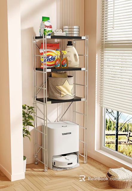 Metal Storage Shelf with Cleaning Supplies Star Basket and Toshiba Appliance in Room Corner 3d model 