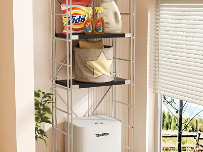 Metal Storage Shelf with Cleaning Supplies Star Basket and Toshiba Appliance in Room Corner 3d model