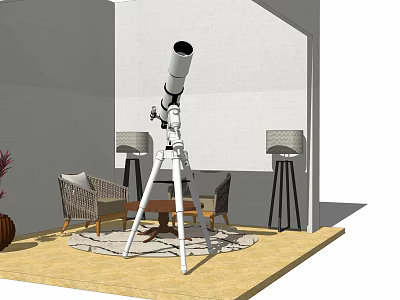 Commercial Telescope Equipment With Tripod Stand In Display Area And Furniture 3d model