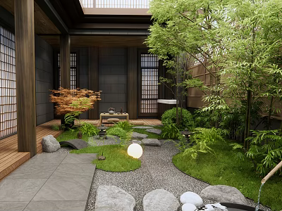 Japanese Style Courtyard Garden With Stone Path Green Plants And Wooden Lanterns 3d model
