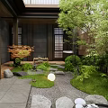 Japanese Style Courtyard Garden With Stone Path Green Plants And Wooden Lanterns