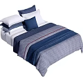 Double Bed with Blue Gray Quilt Red Stripes and White Blue Pillows 3d model