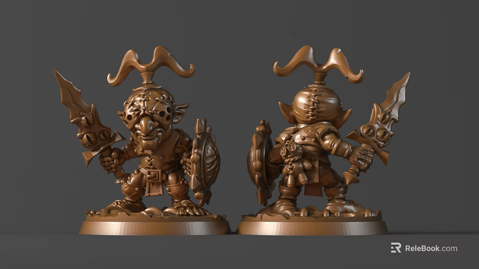 Fantasy Warrior Bronze Sculpture Carving With Horns Sword Shield And Detailed Armor 3d model 
