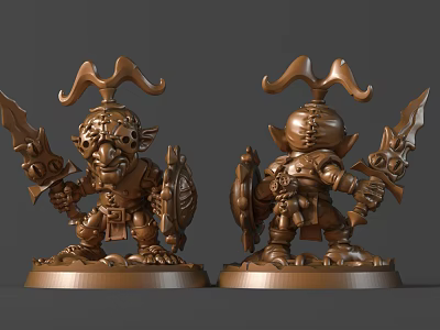 Fantasy Warrior Bronze Sculpture Carving With Horns Sword Shield And Detailed Armor 3d model