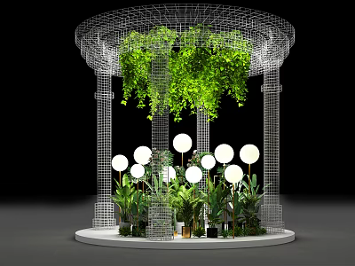 Circular Wire Mesh Gazebo With Hanging Green Plants And White Spherical Lights 3d model