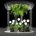 Circular Wire Mesh Gazebo With Hanging Green Plants And White Spherical Lights
