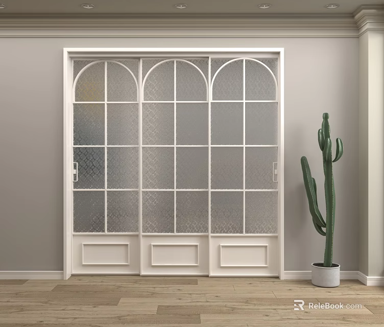 Elegant Interior Space Featuring White Arched Glass Door Green Cactus And Wooden Floor 3d model 