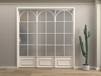 Elegant Interior Space Featuring White Arched Glass Door Green Cactus And Wooden Floor 3d model