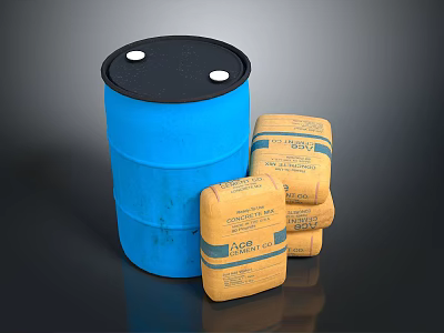 Industrial Storage Setup Featuring Blue Barrel And Stacked Yellow Bags 3d model