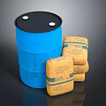 Industrial Storage Setup Featuring Blue Barrel And Stacked Yellow Bags